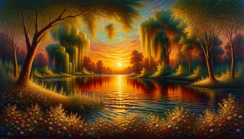 A vivid landscape unfolds, bathed in the golden hues of a sunset. Dabs of color dance across the canvas, capturing the essence of a serene lake surrounded by lush willow trees. Gentle ripples reflect the sky’s vibrant palette, while delicate wildflowers carpet the foreground. The scene is alive with the soft whispers of a breeze and the distant sound of a babbling brook, inviting viewers to step into this enchanting moment.