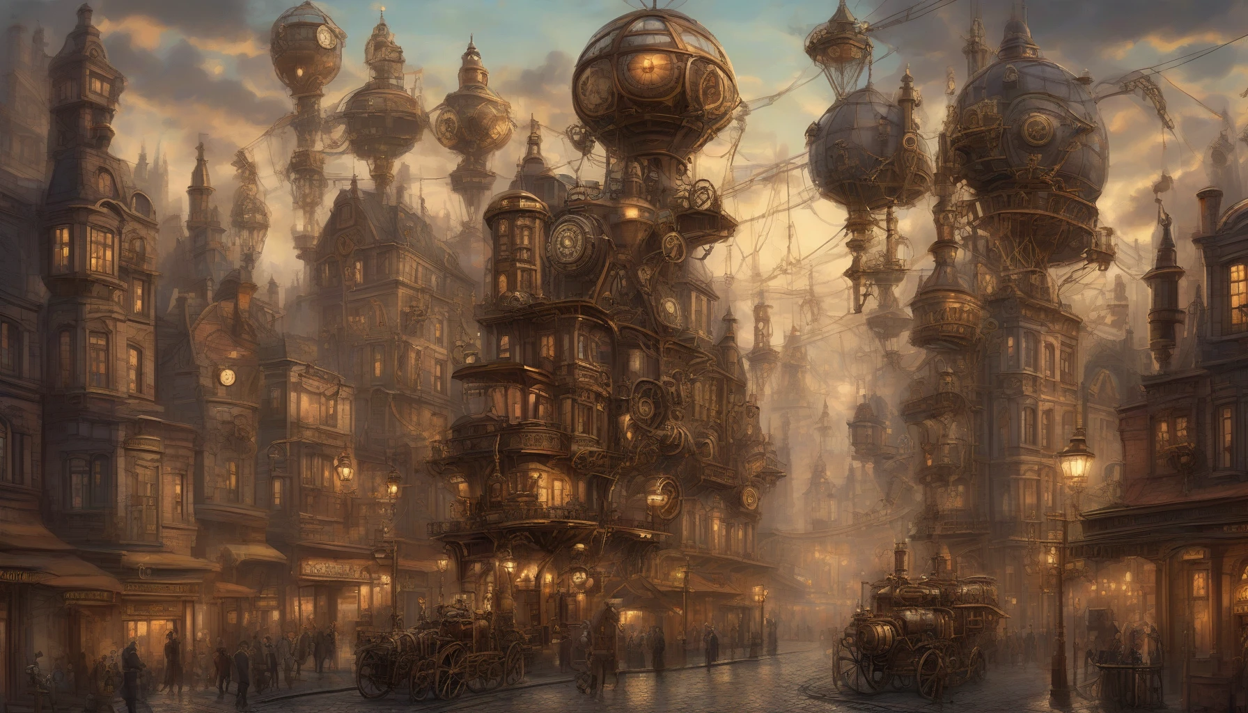 Immerse yourself in a breathtaking steampunk cityscape where towering clockwork structures dominate the skyline. Gears and cogs spin rhythmically, casting intricate shadows on cobblestone streets bustling with elegantly dressed citizens and steam-powered vehicles. Ornate brass adornments and glowing gas lamps illuminate the scene, while airships glide gracefully above, completing this enchanting fusion of Victorian elegance and imaginative machinery in a vibrant, bustling world.