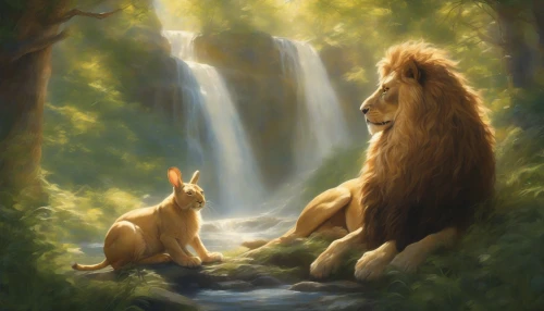 In a vibrant forest clearing, a fierce lion and a delicate rabbit sit side by side, gazing at a shimmering waterfall. Sunlight filters through the leaves, casting playful shadows on their fur and depicting a moment of unexpected friendship. The lion’s regal mane contrasts with the rabbit’s soft, velvety coat, symbolizing strength meeting vulnerability. Their calm expressions reveal a bond forged in trust amidst their differences.