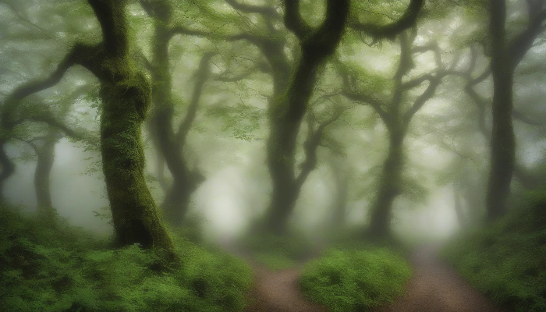 A winding path disappears into a dense forest enveloped in ethereal fog. Towering trees, their trunks gnarled and ancient, loom on either side, their leaves a vibrant green, contrasting with the soft grays of the mist. Soft light filters through the canopy, casting a magical glow on the damp earth. The air is cool and fragrant, filled with the whispers of nature, inviting exploration into the unknown.