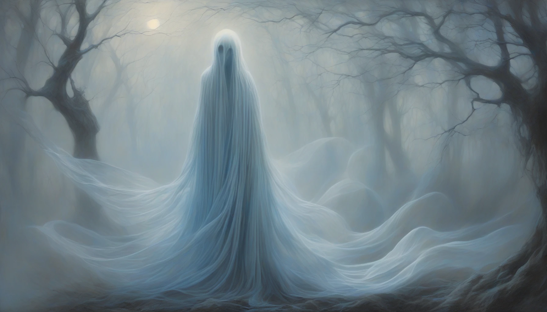 Envision a spectral figure, draped in flowing, translucent fabric, emanating a soft, glowing aura that casts a shimmering light across the darkened landscape. Surrounding the figure, wisps of mist twist and swirl, reflecting hues of pale blue and silver. The background, a shadowy forest illuminated by moonlight, enhances the otherworldly presence of this ghostly guardian, evoking feelings of mystery and tranquility in a hauntingly beautiful scene.