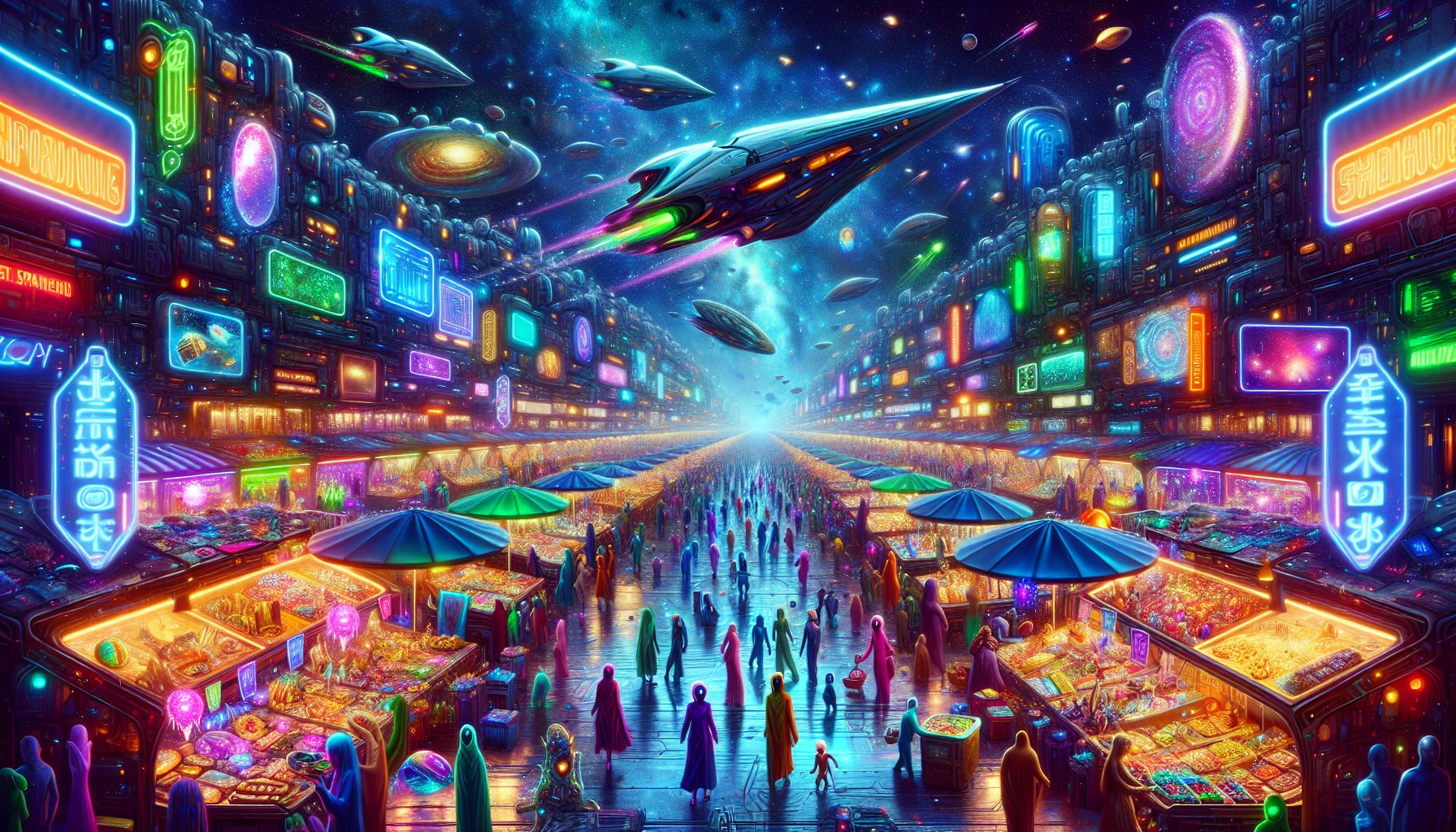 Immerse yourself in a vibrant cosmic market teeming with life. Stalls brimming with exotic interstellar goods from across galaxies line the bustling streets, illuminated by neon signs in alien languages. Diverse species mingle, exchanging colorful wares, from shimmering crystals to strange foods. Above, spaceships flit between celestial vendors, while holographic displays advertise the latest galactic trends, creating a dazzling tapestry of culture and commerce.