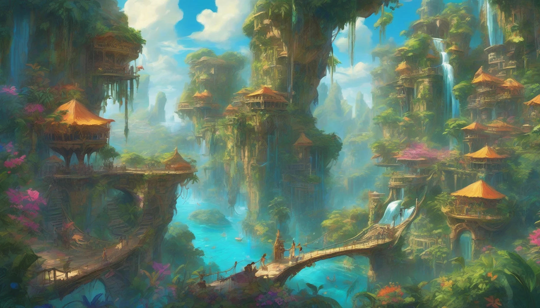 Imagine a breathtaking scene of vibrant, lush islands suspended in a cerulean sky, connected by delicate bridges of shimmering light. Each island is adorned with exotic flora, cascading waterfalls, and ancient ruins, hinting at lost civilizations. Adventurers in whimsical attire soar nearby on colorful, winged creatures, their laughter mingling with the gentle breeze. The sun casts a golden glow, inviting exploration and igniting the spirit of adventure.