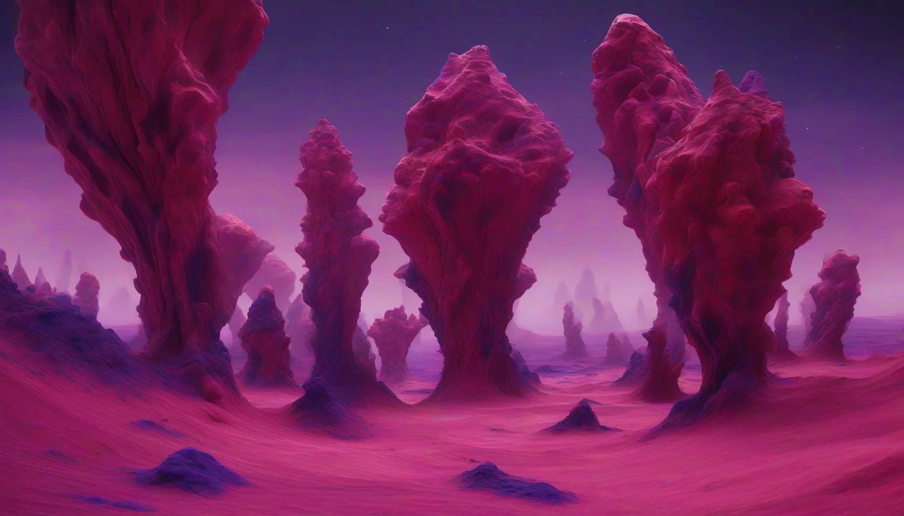 Imagine an otherworldly expanse where crimson sands swirl in the wind, creating mesmerizing patterns beneath a sky painted in hues of violet and deep indigo. Towering formations, resembling twisted sculptures of ancient rock, rise from the ground, their surfaces glistening with iridescent minerals. Strange, luminescent plants dot the horizon, casting an eerie glow as two moons hang low in the sky, bathing the scene in a surreal light.