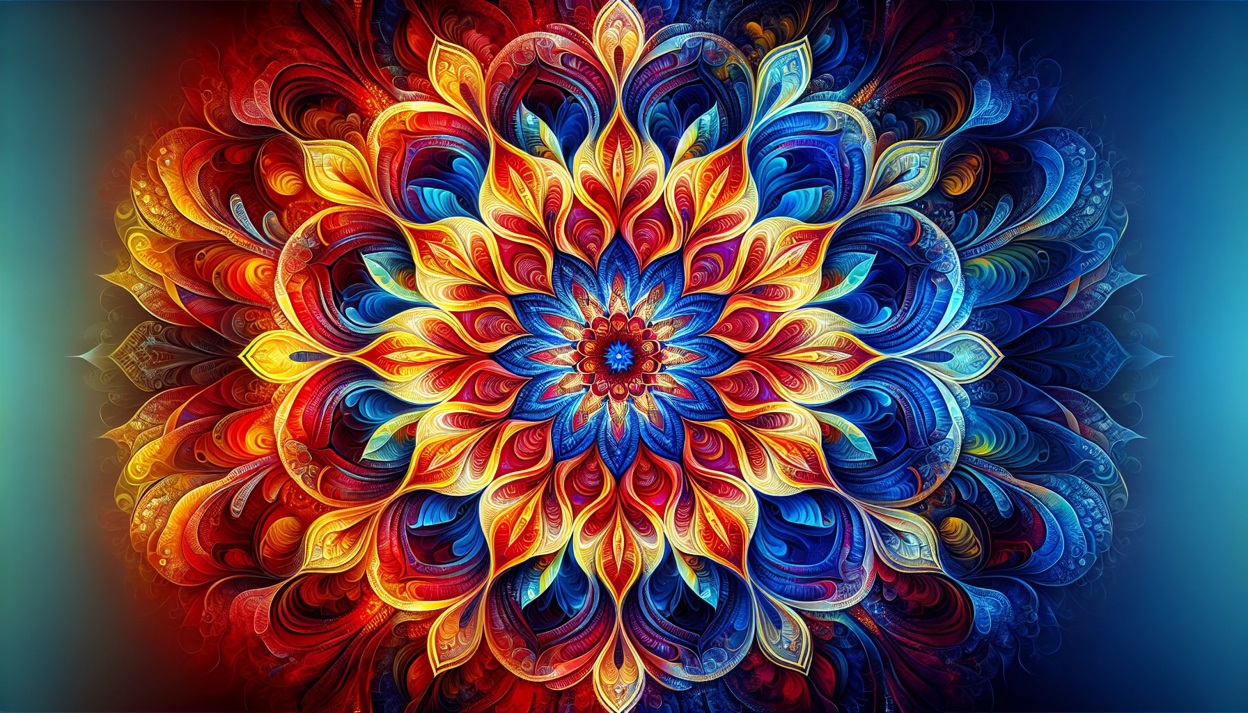 Create a captivating image of a symmetrical mandala bursting with vibrant colors. Each segment should feature intricate patterns and designs, flowing seamlessly into one another. Use a rich color palette that includes electric blues, fiery reds, and radiant yellows to evoke a sense of energy and harmony. The background should be softly textured to enhance the mandala's brilliance, creating an immersive visual experience.