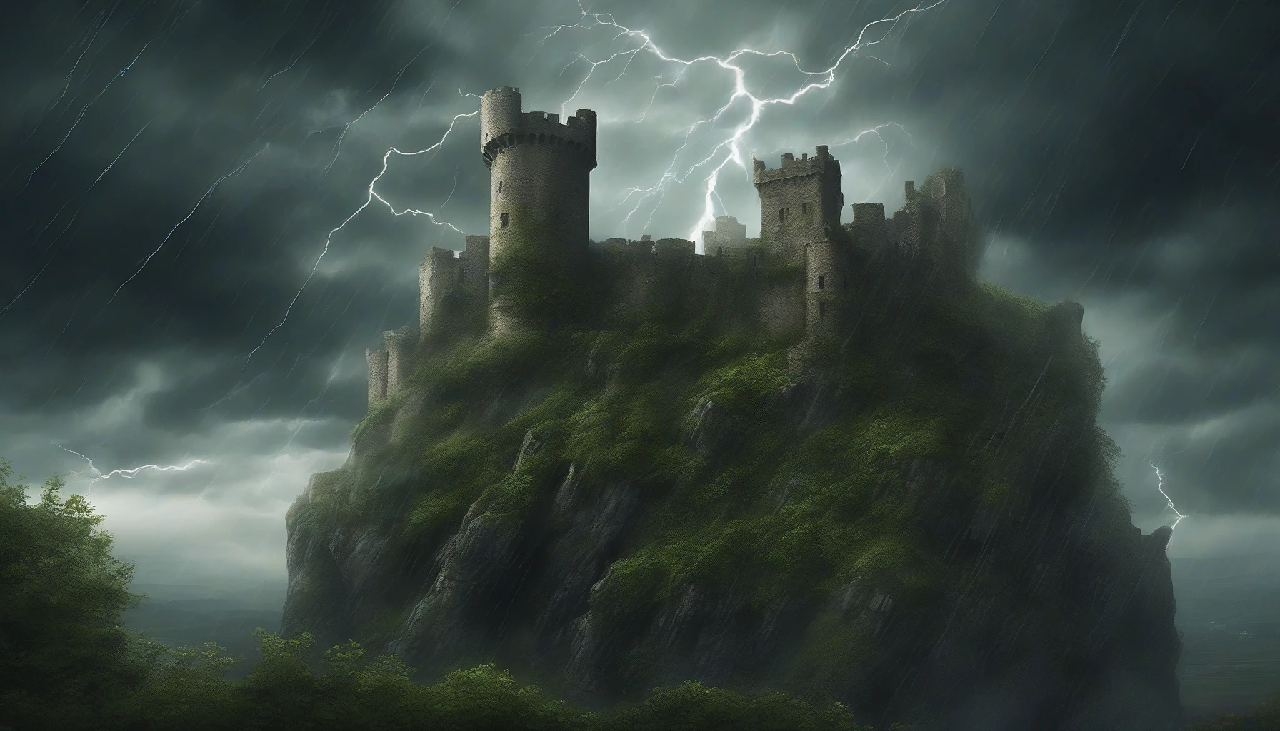 Imagine an ancient castle, its stone walls cracked and crumbling, silhouetted against a tumultuous sky filled with swirling dark clouds. Lightning slices through the air, illuminating the eerie landscape where wild winds whip around the fortress. The overgrown ivy clings desperately to the weathered stones, while raindrops cascade relentlessly, creating a haunting atmosphere that whispers of forgotten tales and the relentless passage of time.