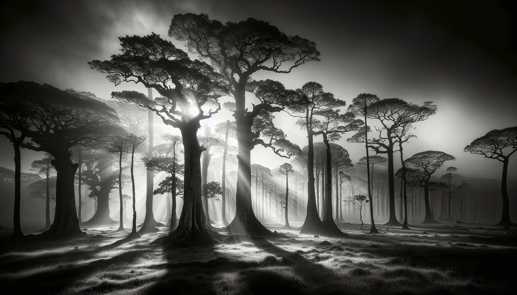 Capture the essence of a tranquil landscape through striking black and white photography. Imagine a misty morning where the sun's rays pierce through a dense forest, casting intricate shadows on the dew-kissed ground. Silhouettes of ancient trees stand tall against a cloudy sky, their bark textures revealed in stunning detail. The interplay of light and shadow evokes a sense of calm and nostalgia, inviting viewers to contemplate nature's beauty.