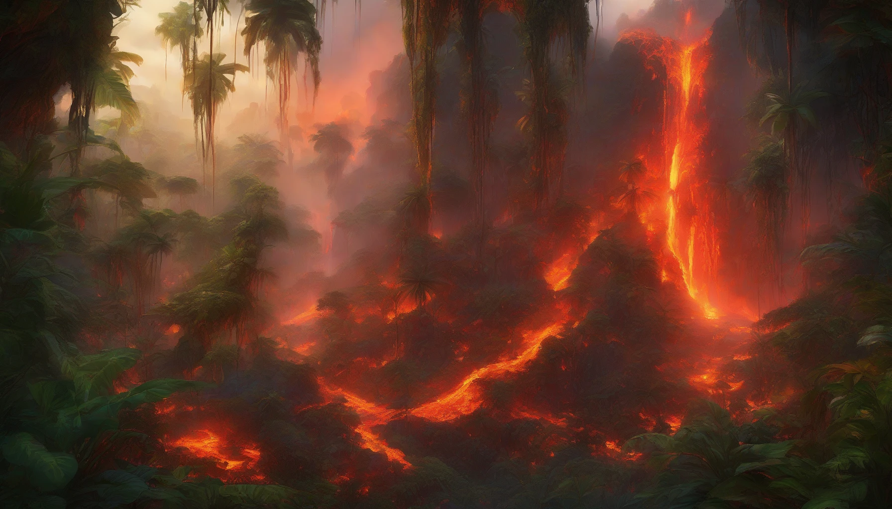 Imagine a stunning scene where molten lava cascades through a dense, enchanted jungle. Vivid oranges and reds intermingle with the lush greens of towering trees and exotic plants, creating a fiery contrast. The heat distorts the air, shimmering like a mirage, while glowing embers dance in the shadows. Ethereal light filters through the foliage, enhancing the surreal atmosphere of this volcanic paradise.