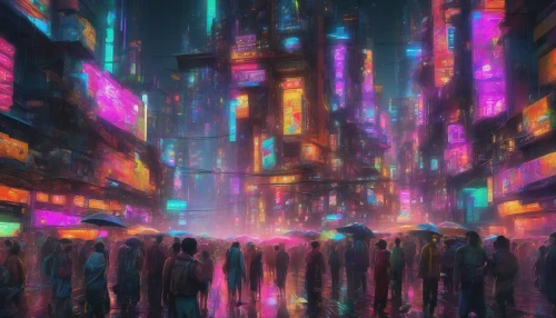 In a bustling cyberpunk cityscape, neon lights flicker and pulse with electric energy, illuminating rain-soaked streets. Towering skyscrapers adorned with holographic advertisements create a kaleidoscope of color against a darkened sky. Below, a diverse crowd of futuristic citizens, clad in high-tech attire, move through the maze of narrow alleys and bustling marketplaces, weaving tales of innovation, struggle, and unbreakable spirit in this vibrant urban tapestry.