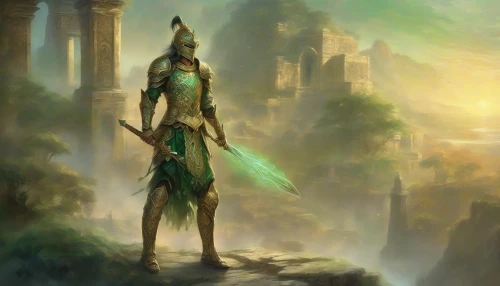 In a mystical realm bathed in the soft light of dawn, a brave warrior stands tall, clad in intricately designed armor that glimmers with hues of gold and emerald. In one hand, he wields a glowing sword, its ethereal light casting enchanting patterns on the ground. Surrounded by ethereal mist and ancient ruins, the warrior gazes resolutely into the horizon, ready to face the challenges that lie ahead.