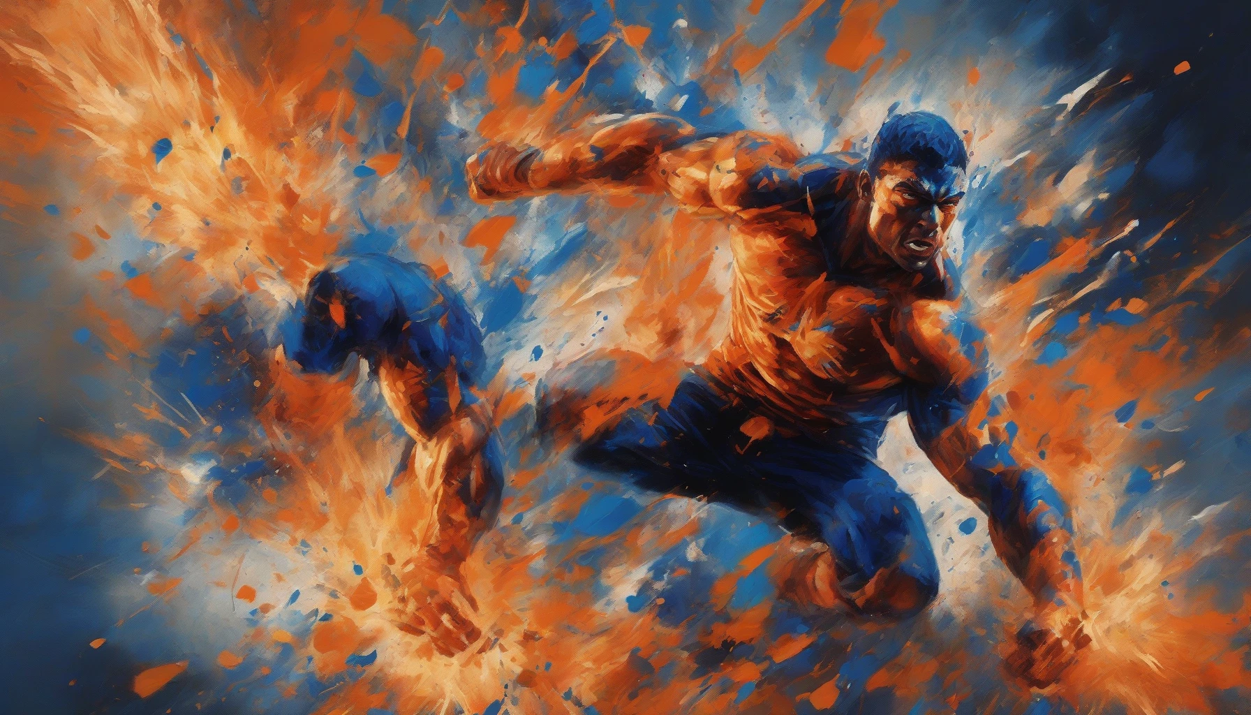 Capture an intense moment where a hero leaps through an explosion, muscles taut and determination etched across their face. The scene is bathed in contrasting shadows and vibrant highlights, creating a surreal ambiance. Flashes of fiery orange and deep blue collide, emphasizing the power and energy of the action. This striking visual encapsulates the essence of courage against overwhelming odds, inviting viewers into a thrilling narrative.