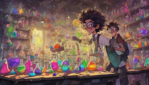 In a cluttered laboratory filled with bubbling potions and scattered notes, a genius scientist with wild, unkempt hair and oversized goggles stands at the center. Their eyes sparkle with excitement as they juggle colorful beakers, each filled with glimmering liquids that swirl mysteriously. Shadowy silhouettes of past experiments line the walls, while an electric spark lights up the chaotic genius of invention.