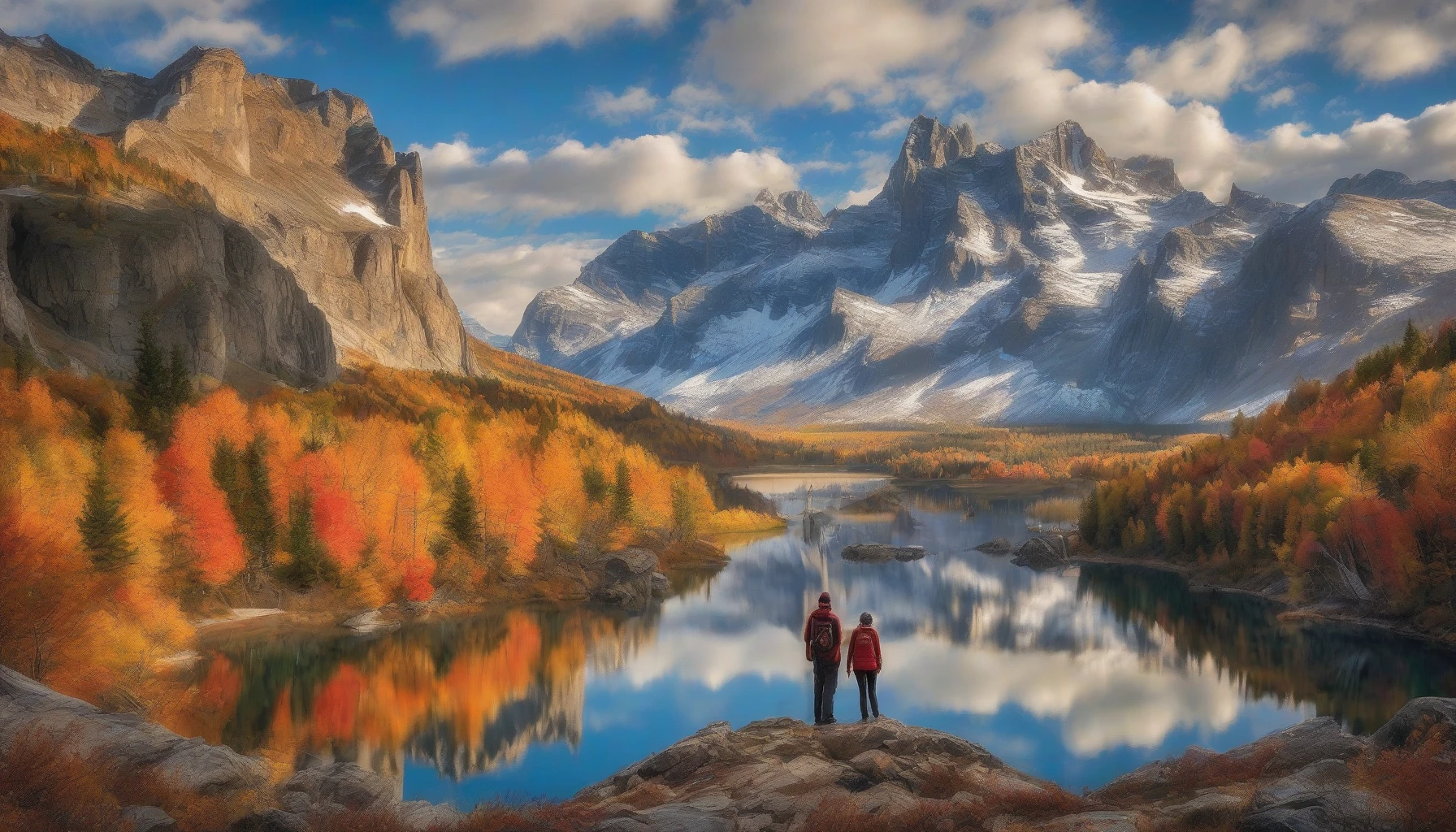 Capture a moment where a lone hiker stands at the edge of a towering cliff, gazing over a vast landscape painted with vibrant autumn colors. Majestic mountains rise in the distance, their peaks dusted with snow, while a crystal-clear lake reflects the brilliant blue sky. A sense of overwhelming wonder envelops the scene, inviting viewers to share in the breathtaking beauty of nature’s grandeur.