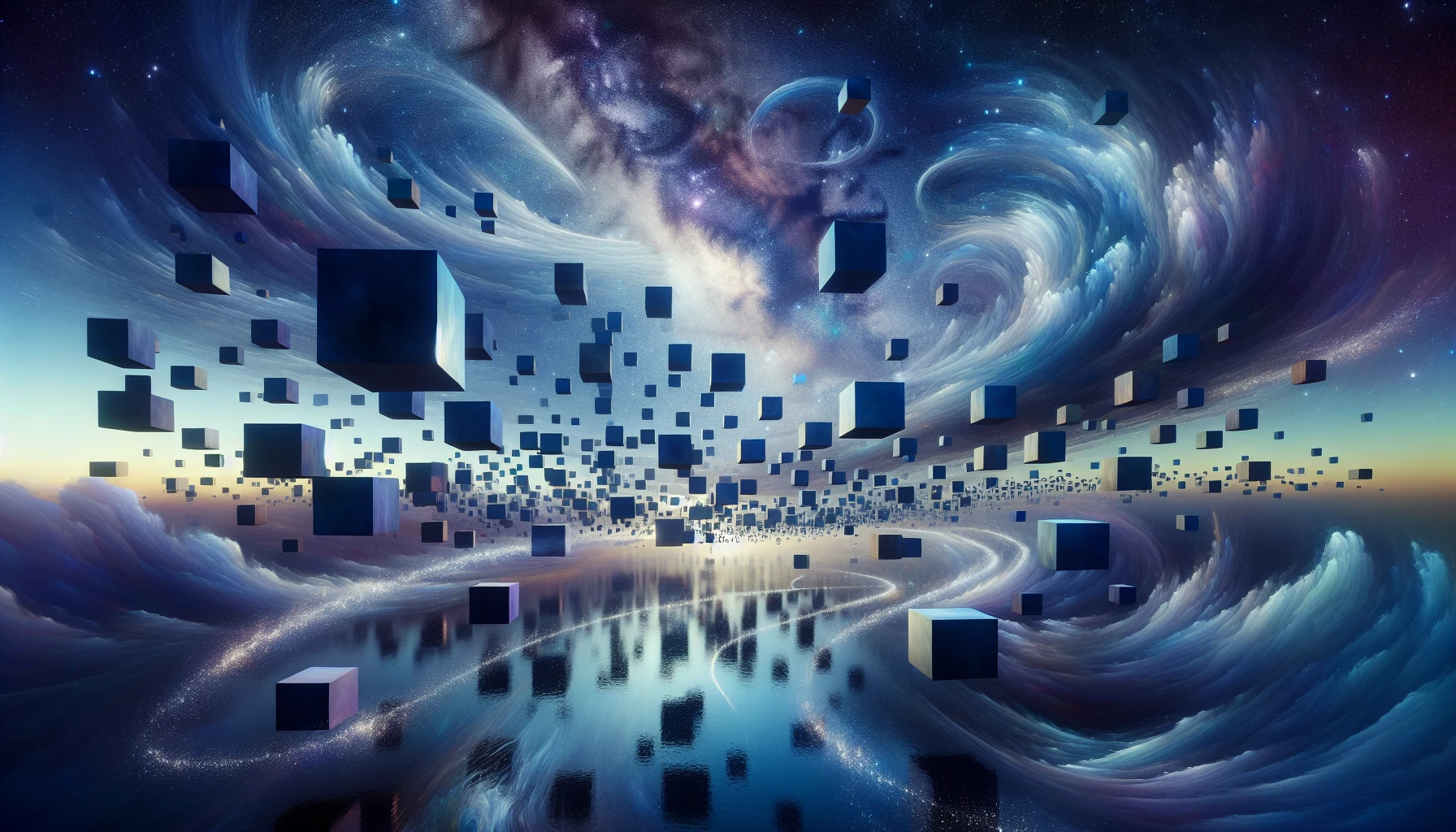 Imagine a serene, ethereal landscape where floating cubes of various sizes gently drift through a starry night sky. Each cube emits a soft, ambient glow, casting delicate reflections on a shimmering lake below. Wisps of mist curl around them, enhancing their otherworldly feel. In this tranquil scene, the colors shift subtly from blues to purples, enveloping the viewer in a captivating, dreamlike atmosphere.