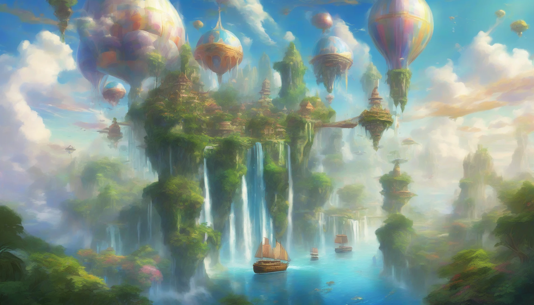 Envision a breathtaking sky adorned with whimsical, floating islands, each teeming with lush greenery and vibrant flora. Graceful airships glide through the azure expanse, their sails billowing in the gentle winds. Below, glimmering waterfalls cascade from the isles, creating shimmering rainbows in the sunlight. Wispy clouds drift lazily past, framing this fantastical realm where adventure and serenity coexist in perfect harmony.