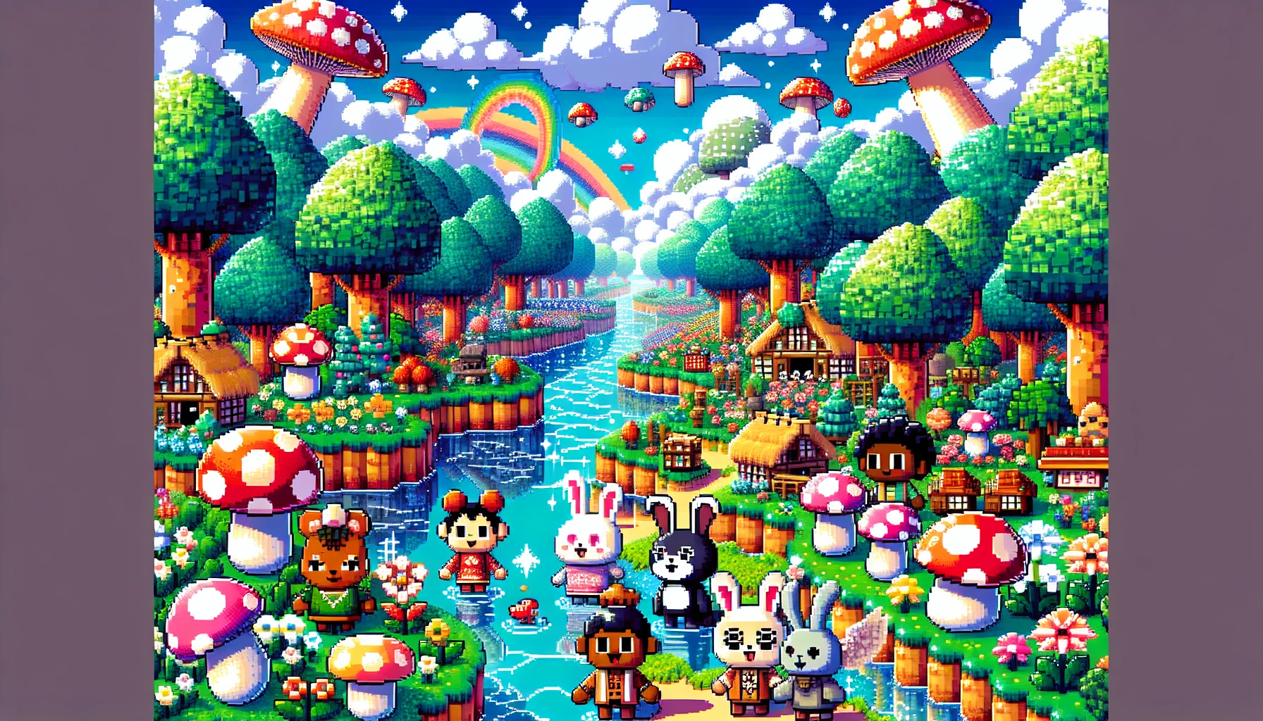 Immerse yourself in a vibrant pixel art landscape filled with whimsical characters and enchanting scenery. The scene features a colorful forest with oversized mushrooms, pixelated clouds floating in a cerulean sky, and a winding river of shimmering pixels. Inhabitants, like playful pixelated animals and cheerful villagers, bring life to this playful realm, inviting viewers to explore every charming detail and experience the joy of retro-inspired artistry.