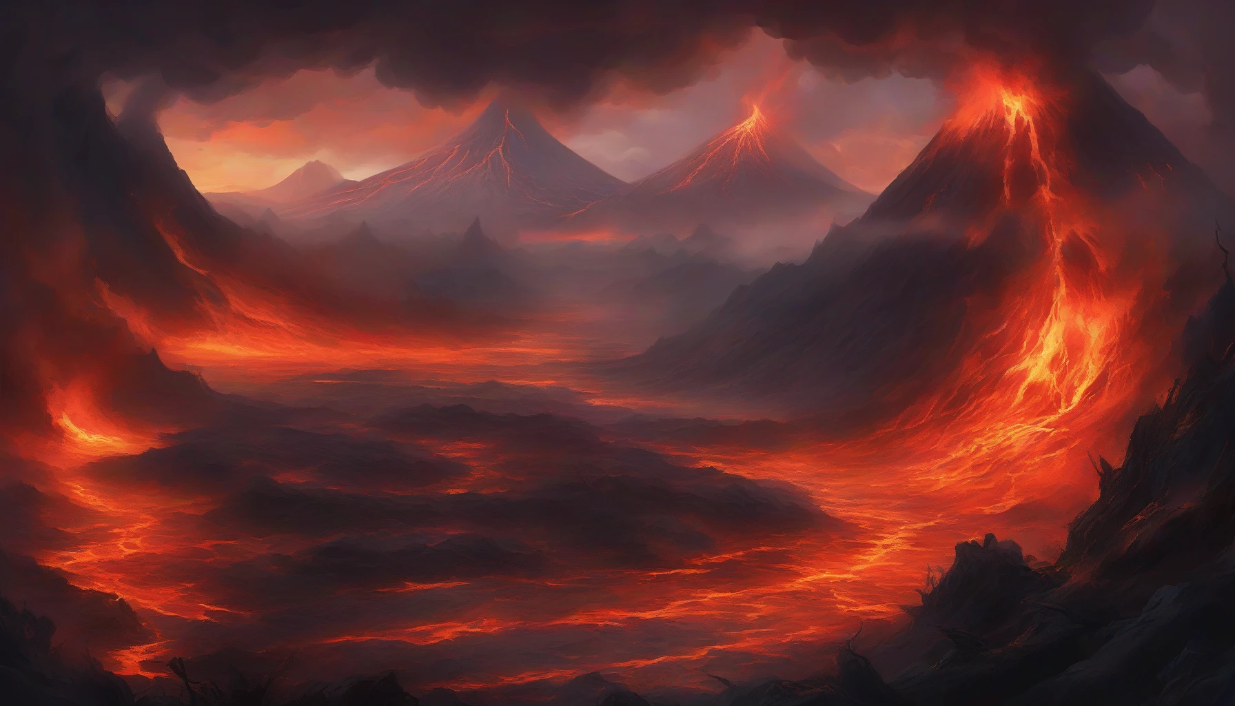 Imagine a dramatic landscape dominated by a towering volcano erupting in a symphony of fiery colors. Rivers of molten lava cascade down its slopes, glowing brilliantly against a backdrop of darkened skies. Ash rises like dark clouds, and the air is thick with heat, distorting the horizon. Scattered patches of resilient vegetation struggle against the inferno, while glowing embers twinkle like stars in the night.