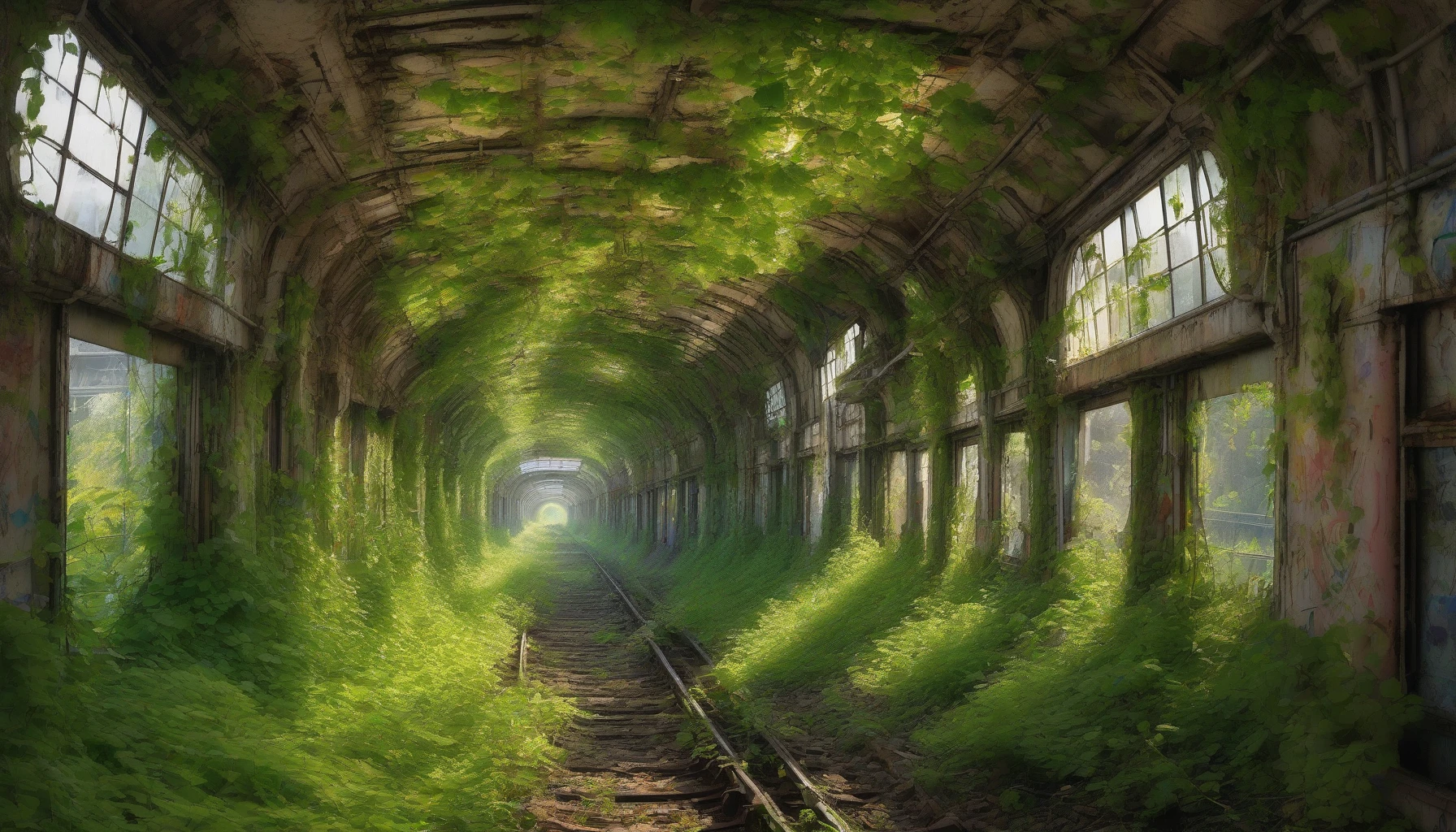 Imagine an overgrown subway tunnel where vibrant vines snake along the rusting tracks, their emerald leaves bursting with life. Rays of sunlight filter through cracked ceilings, illuminating a rich tapestry of wildflowers and ferns carpeting the ground. Birds flit between the remnants of forgotten trains, while small animals peek out from their hidden nests. This once-bustling hub now echoes with the symphony of nature, reclaiming its territory.