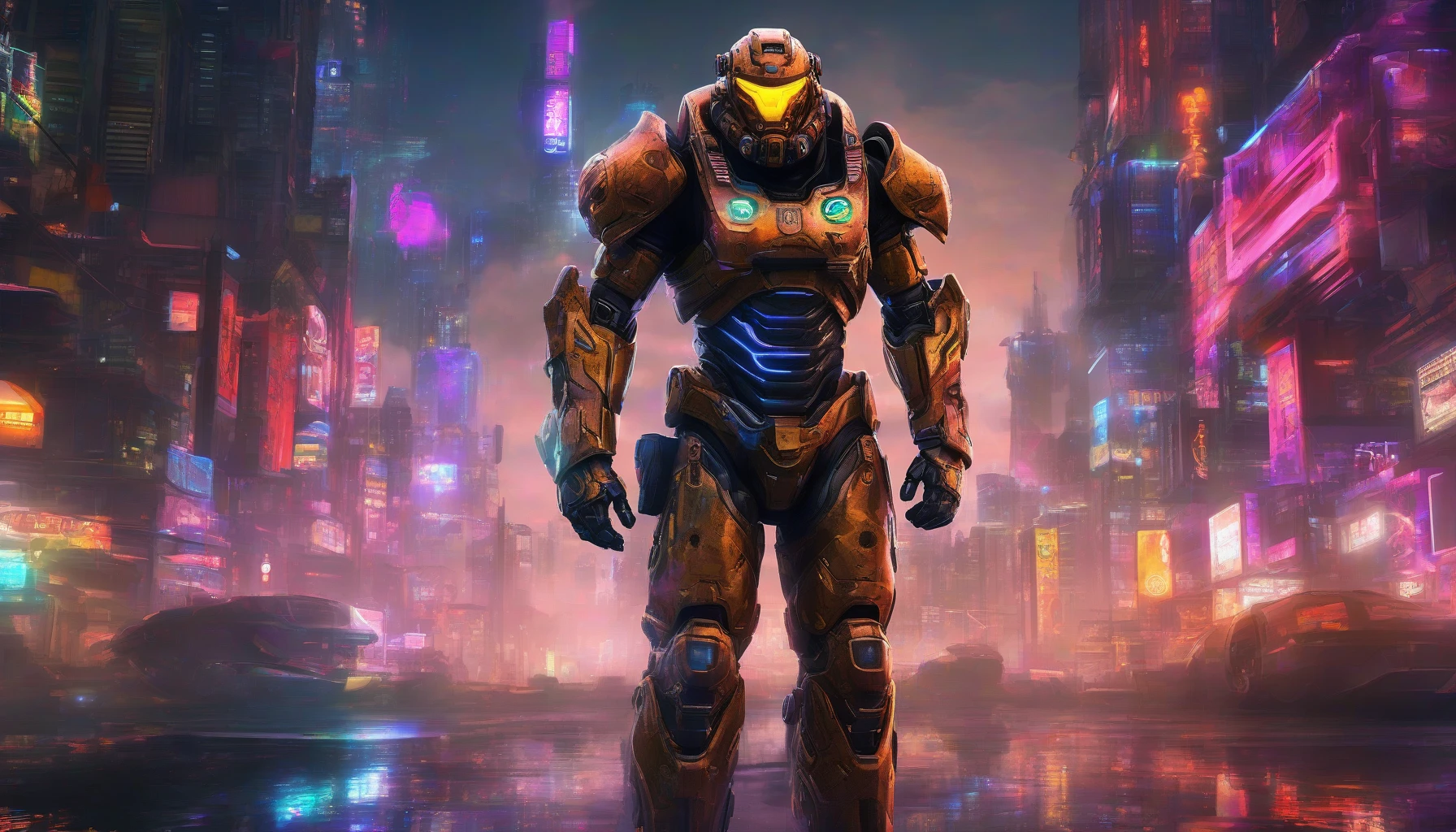 A formidable soldier clad in sleek, technologically advanced power armor stands poised against a backdrop of a neon-lit cityscape. Glowing circuitry lines the metallic exterior, reflecting the vibrant colors of the urban environment. The helmet, equipped with a heads-up display, obscures the warrior’s identity while emphasizing strength and agility. Clouds of smoke swirl around the feet, creating a tense atmosphere, as if preparing for an imminent showdown.