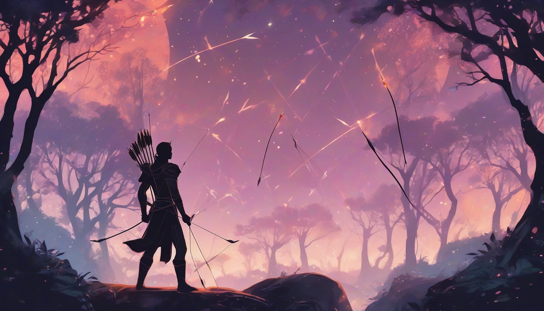 A skilled archer stands poised, drawing back a bow, as ethereal lights surge around them. Multiple arrows, each vibrant and glowing, arch gracefully through the twilight sky, leaving trails of luminescent energy. The background features a serene forest scene, with silhouettes of trees bathed in moonlight, creating a magical, otherworldly atmosphere. The archer's focused expression reflects determination and purpose, capturing a moment of dynamic beauty.