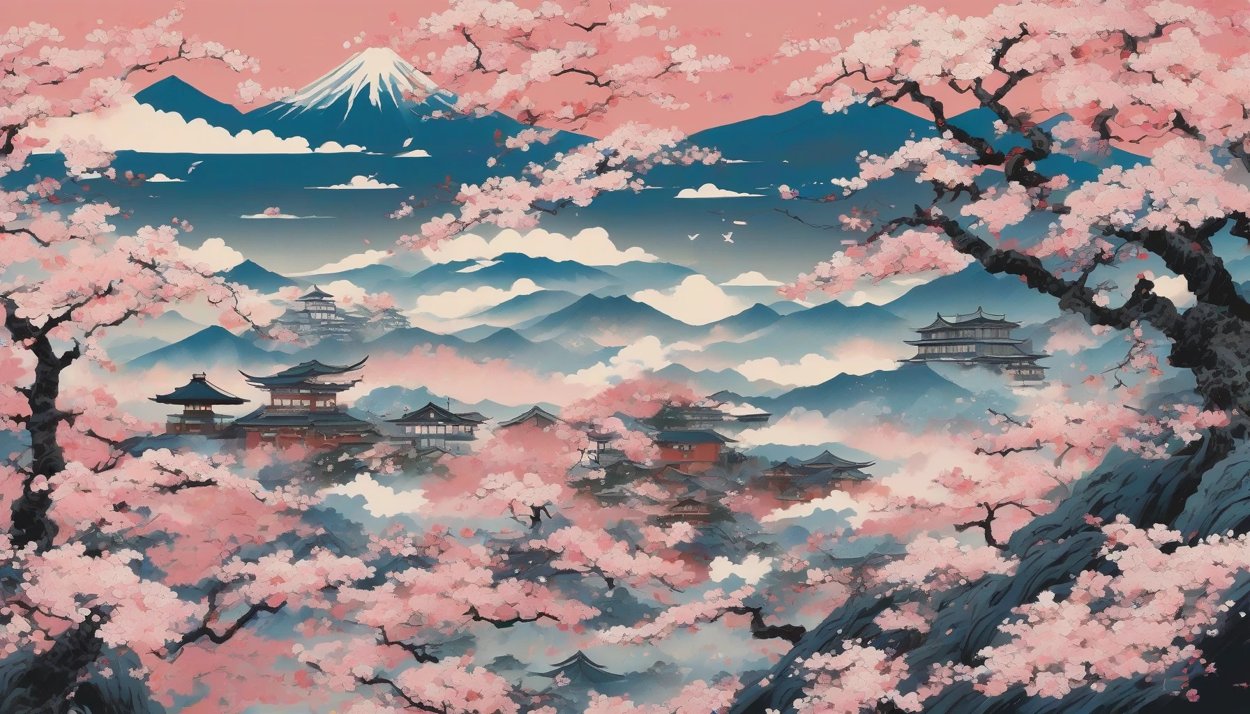 Immerse yourself in a vibrant world where the elegance of traditional Japanese ukiyo-e art meets the dynamic flair of modern anime. Picture a tranquil cherry blossom scene, where graceful figures, adorned in ornate kimonos, dance through falling petals, framed by majestic mountains and swirling clouds. Each brushstroke tells a story, blending hues of pink and blue, inviting viewers to experience the harmony of past and present.