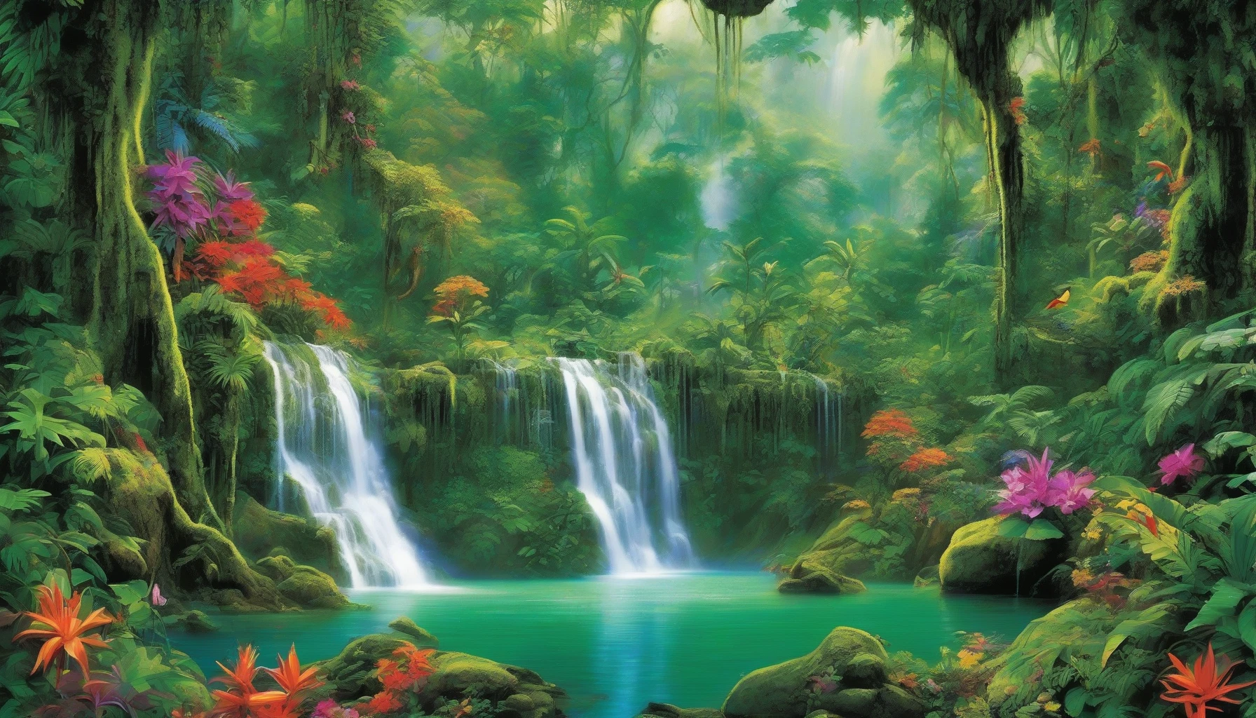 A lush, vibrant rainforest comes alive with a symphony of cascading waterfalls. Emerald green foliage surrounds the scene, where water tumbles over moss-covered rocks, creating a gentle mist that dances in the sunlight. Exotic flowers bloom in vivid hues, while colorful birds flit through the trees. The air is rich with the sounds of nature, a soothing backdrop to the mesmerizing flow of water cascading into crystal-clear pools below.