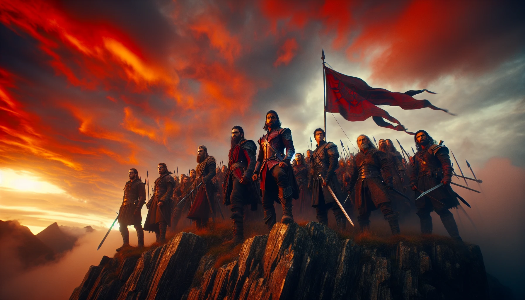 In a breathtaking landscape, a band of fierce warriors stands resolute on a rugged hilltop, the sun setting behind them in a blaze of oranges and reds. Clad in intricately designed armor, their expressions mirror unwavering determination as they prepare to defend their sacred land from a dark, looming army below. Banners flutter in the wind, and the air is thick with the promise of battle, echoing the spirit of valor and sacrifice.