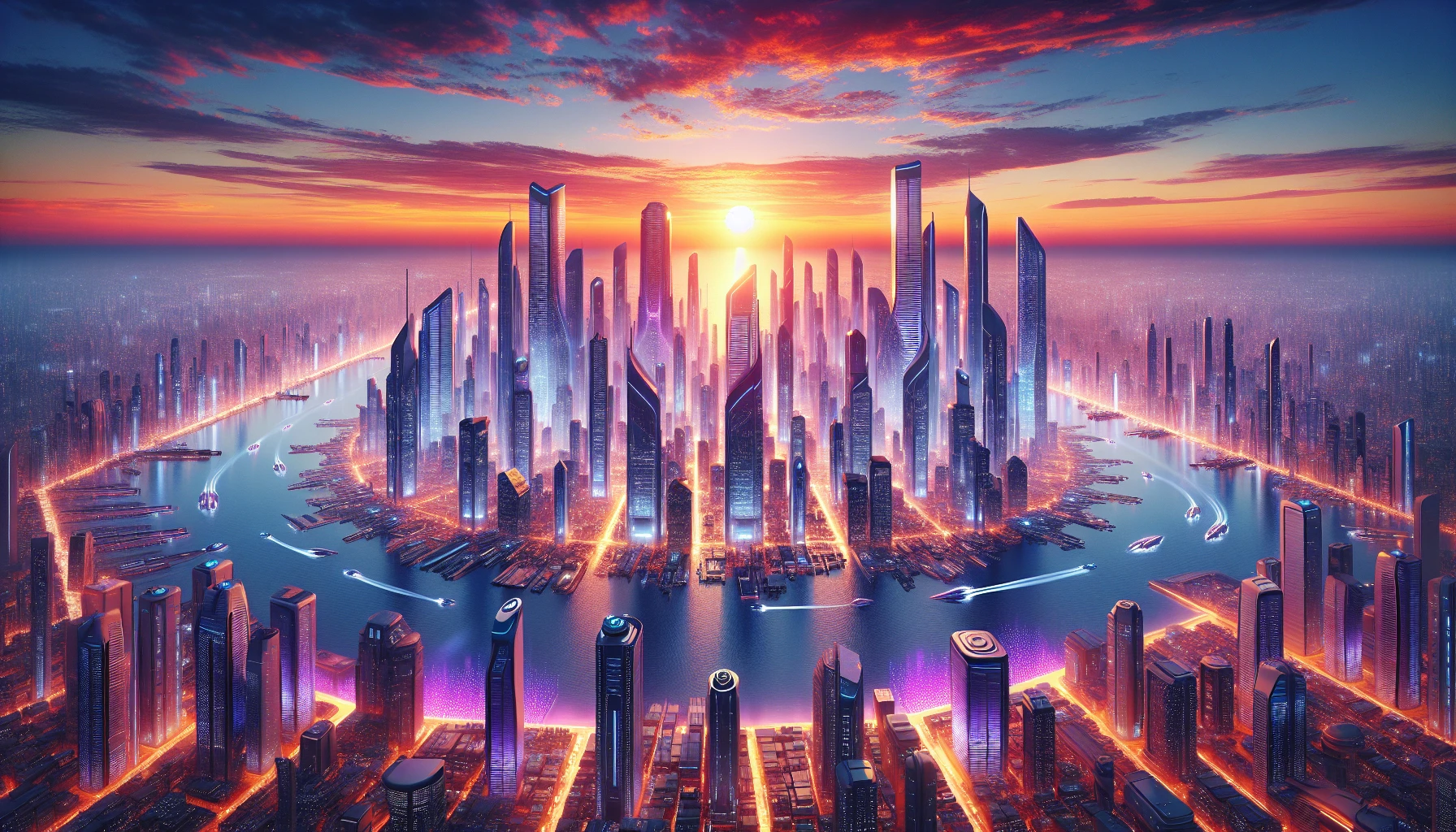 Imagine a sprawling metropolis perched on the edge of a shimmering ocean, where glass skyscrapers reflect the vibrant hues of a breathtaking sunset. The sky is ablaze with oranges, pinks, and purples, casting a warm glow over the city. High-tech flying vehicles zip through the air, while bioluminescent reefs rise from the water, adding a magical touch to this vibrant urban landscape. The scene embodies innovation and tranquility in perfect harmony.