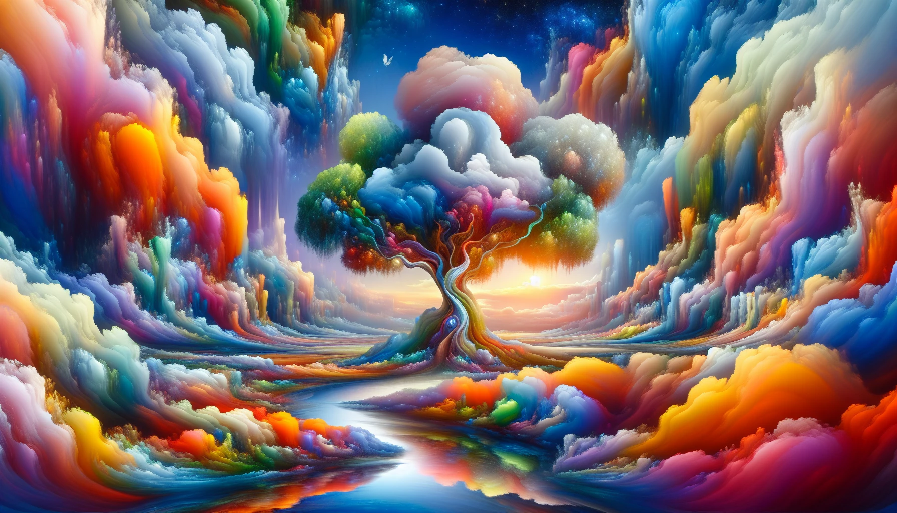 Picture a whimsical landscape where vibrant colors and abstract forms blend seamlessly. In the foreground, a towering tree with radiant leaves symbolizes hope, while dreamlike clouds swirl above, colored in soft pastels. Below, a serene river reflects the hues of the sky, inviting viewers to escape into a world where aspirations and fantasies intertwine. This enchanting scene captures the essence of limitless possibilities.