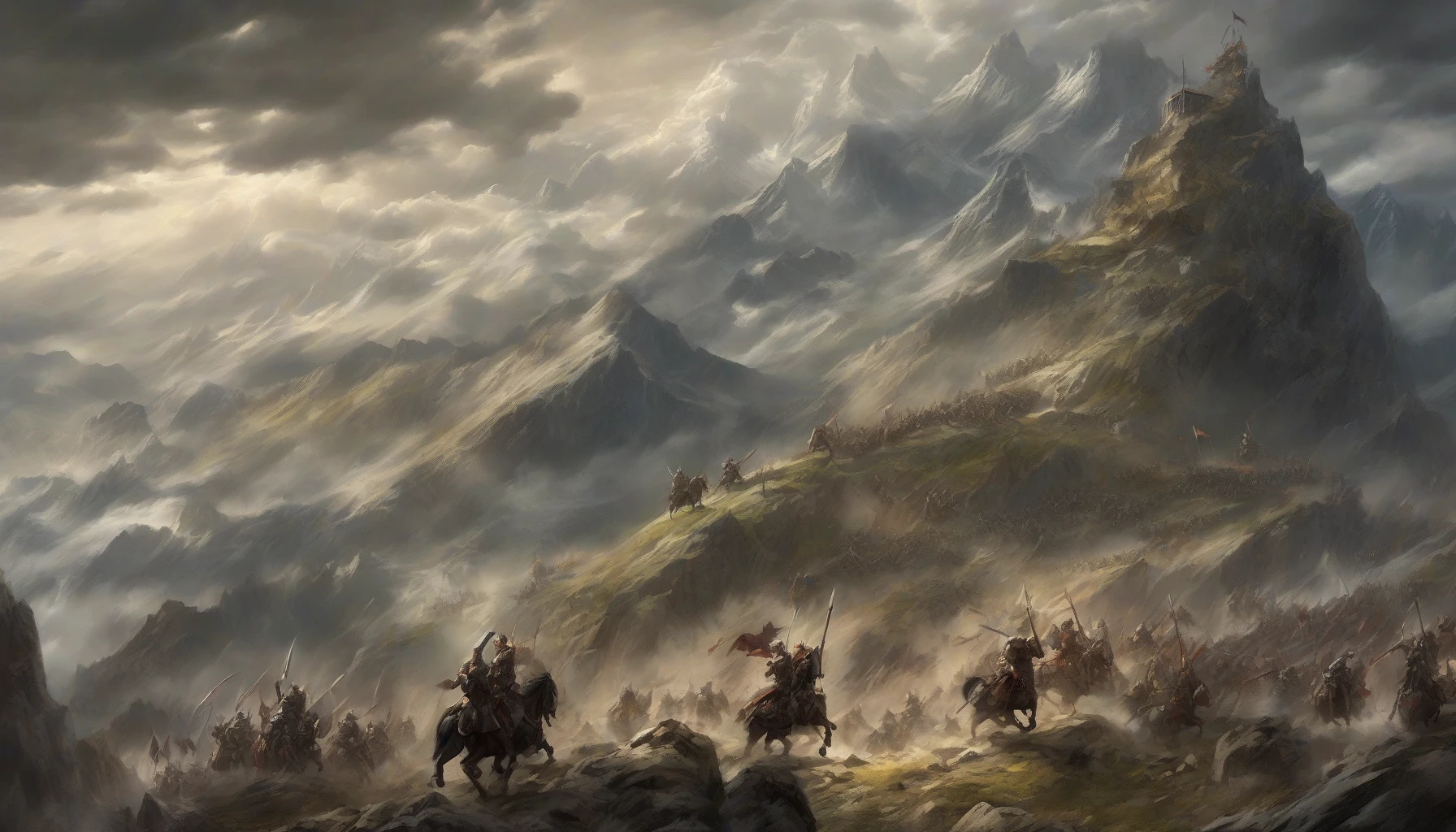 In a breathtaking landscape, two formidable armies prepare for their final confrontation atop a craggy mountain peak. Thunderous clouds loom overhead, crackling with energy, as warriors adorned in contrasting armor glare at each other, weapons raised high. The ground trembles beneath their feet, and banners whip in the fierce wind, setting the stage for an awe-inspiring battle that could change the fate of their worlds forever.