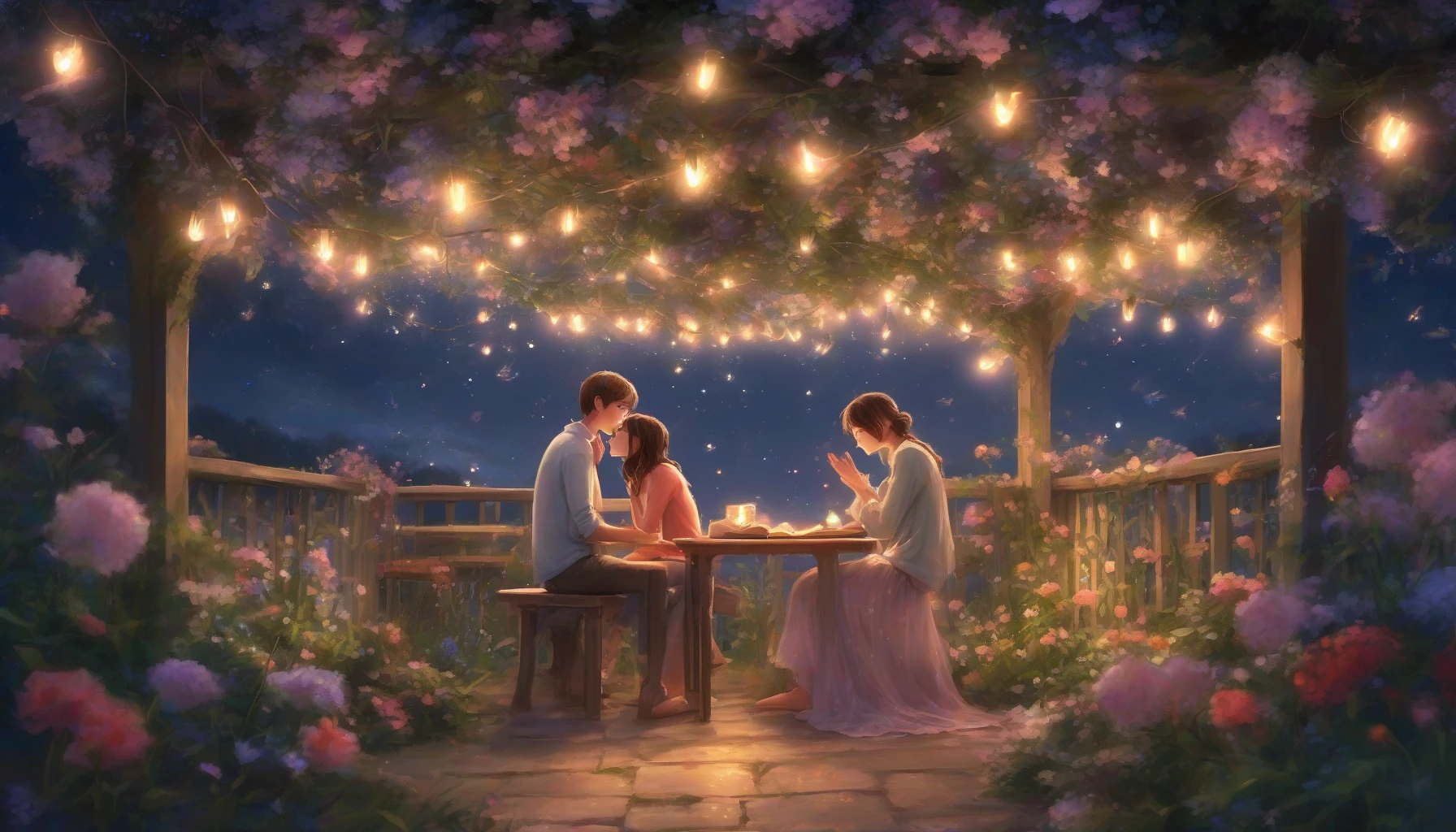 A heartwarming scene unfolds beneath a starlit sky where two friends, enveloped in the soft glow of fairy lights, share an unexpected confession of love. The air is thick with tension and hope, their eyes sparkling with vulnerability. Surrounding them, a whimsical garden bursts with colorful flowers, while fireflies dance, illuminating the night and capturing the magic of this poignant moment.