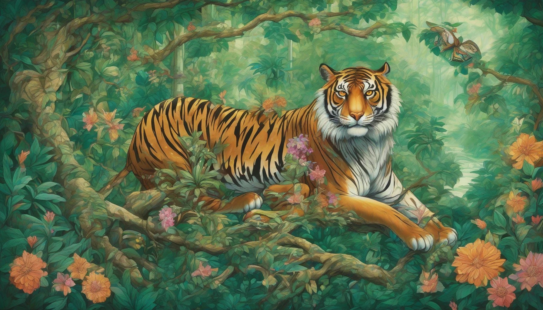 In a lush, emerald-hued forest, a fierce tiger and a wise owl form an unexpected bond. The tiger, with its majestic stripes glistening in dappled sunlight, sits attentively, while the owl perched high on a branch gazes down with thoughtful eyes. Around them, intricate vines and shimmering flowers bloom, creating a scene that radiates warmth and unity, showcasing the beauty of friendship across differences in nature.