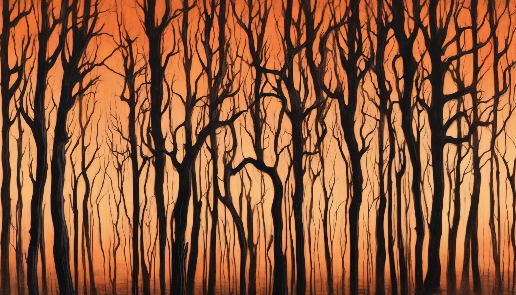 Capture a hauntingly beautiful landscape of a burnt forest, where charred trees stand tall against an ethereal orange sky. The vivid hues blend together, resembling flames licking the horizon, while shadows play among the blackened trunks. A sense of desolation intertwines with a surreal beauty, evoking emotions of loss and renewal in this striking portrayal of nature's resilience.