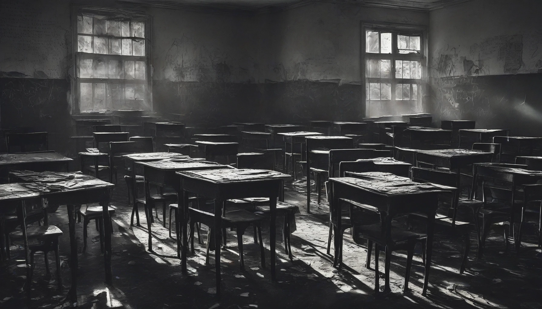 In the dim light of a decaying classroom, fractured desks and peeling posters whisper tales of the past. Shadows dance as flickering candles illuminate ghostly figures gliding through crumbling halls. Dust particles swirl, capturing the essence of long-lost laughter and chilling silence. A faint sound of a school bell echoes, inviting brave souls to explore the mysteries that linger within these haunted walls.