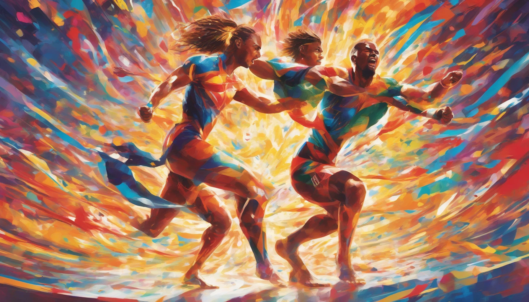 In a vibrant, dynamic scene, two athletes stand face-to-face on a sun-drenched sports arena, their expressions fierce and determined. The air crackles with tension as colorful energy beams radiate from their bodies, hinting at their superhuman abilities. Behind them, a roaring crowd dressed in team colors waves banners, their excitement palpable. The backdrop features a dramatic sunset, casting an epic glow over the rivalry that defines their destinies.