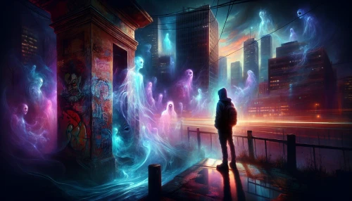 In a bustling city under a twilight sky, a lone figure stands at the corner of an ancient, graffiti-covered building. Shadows twist and shimmer around them as ethereal beings emerge from the darkness. The air vibrates with supernatural energy, and the scent of mystery lingers. Neon lights flicker, illuminating their determined expression as they prepare to confront the unknown, embodying the intersection of reality and the paranormal.