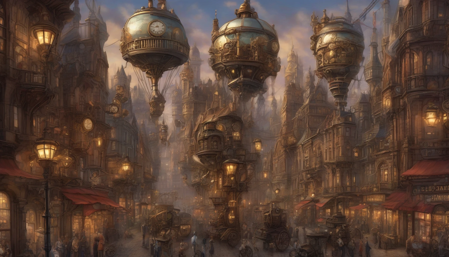 Immerse yourself in a vivid steampunk universe where intricate gears and brass pipes intertwine with Victorian elegance. Picture a sprawling cityscape adorned with ornate clock towers, steam-belching machines, and glowing gas lamps against a twilight sky. Airships drift lazily above, while cobblestone streets are lined with bustling markets showcasing exotic inventions. Every detail, from the rivets on the machinery to the lace on the attire, breathes life into this mechanical marvel.