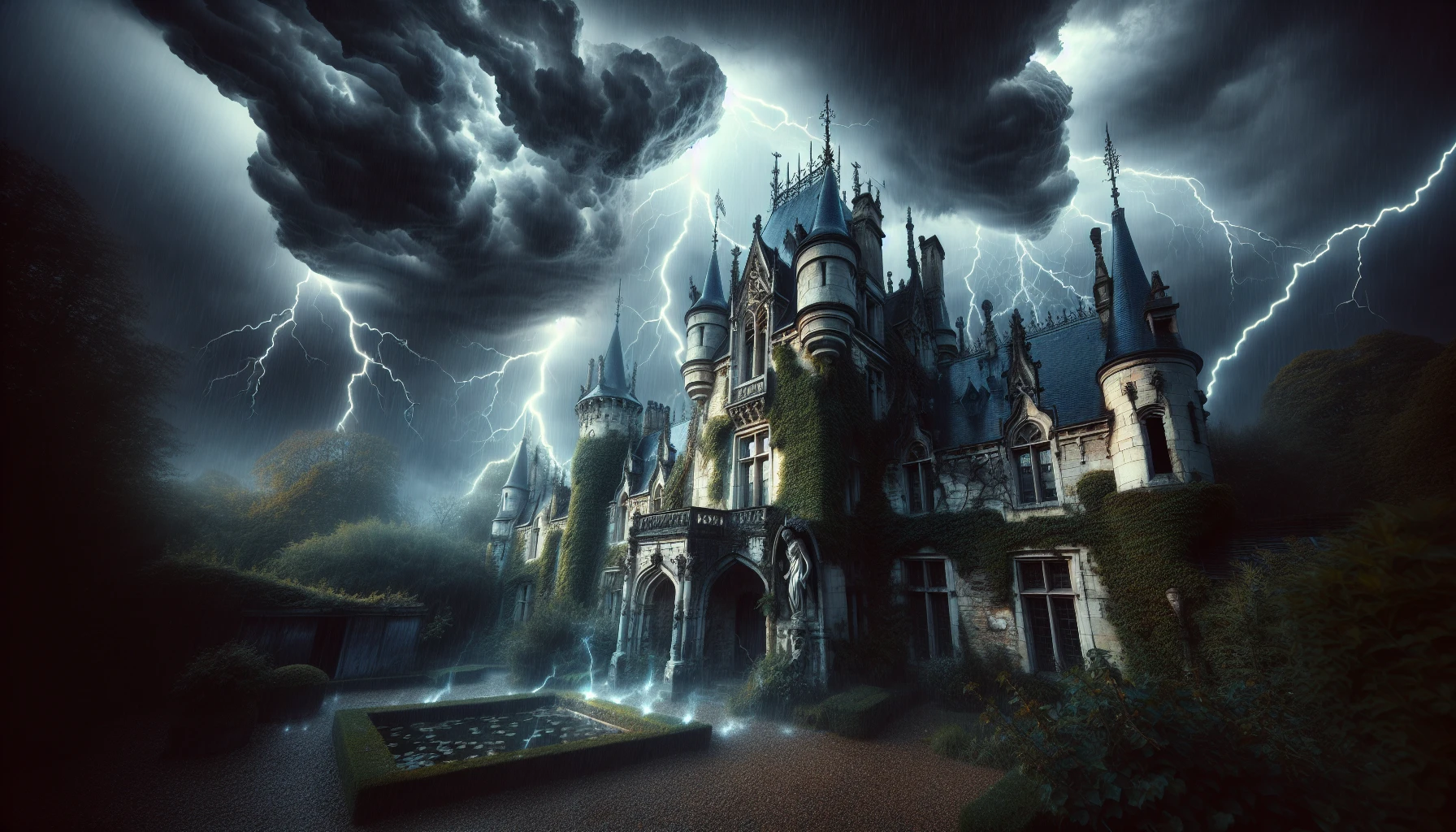 A majestic yet crumbling castle looms in the foreground, shrouded in the menacing shadows of a turbulent thunderstorm. Dark, swirling clouds clash above, casting flashes of lightning that illuminate the weathered stone walls, revealing ancient carvings and ivy creeping relentlessly. Raindrops cascade down, pooling in the overgrown courtyard, while distant thunder rumbles like the castle's long-forgotten secrets, creating an atmosphere of haunting beauty and eerie mystery.