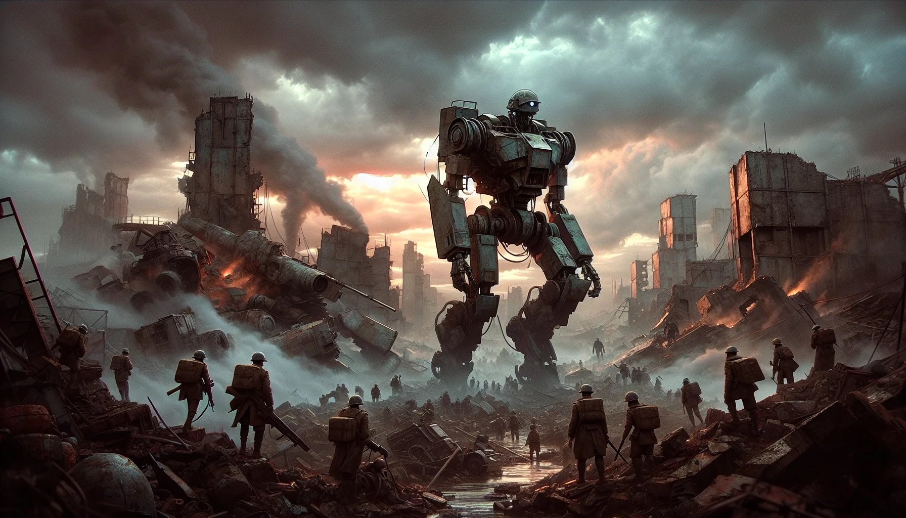 Imagine a desolate battlefield, where shadows of towering, worn-out robots loom over the remnants of a ravaged city. The sky is drenched in a blend of grey and burnt orange, casting an eerie glow on crumbling structures. Soldiers in tattered uniforms navigate through the debris, their expressions a mix of determination and despair. Wisps of smoke curl around them, as muted colors evoke the weight of their struggles in this haunting, gritty anime world.