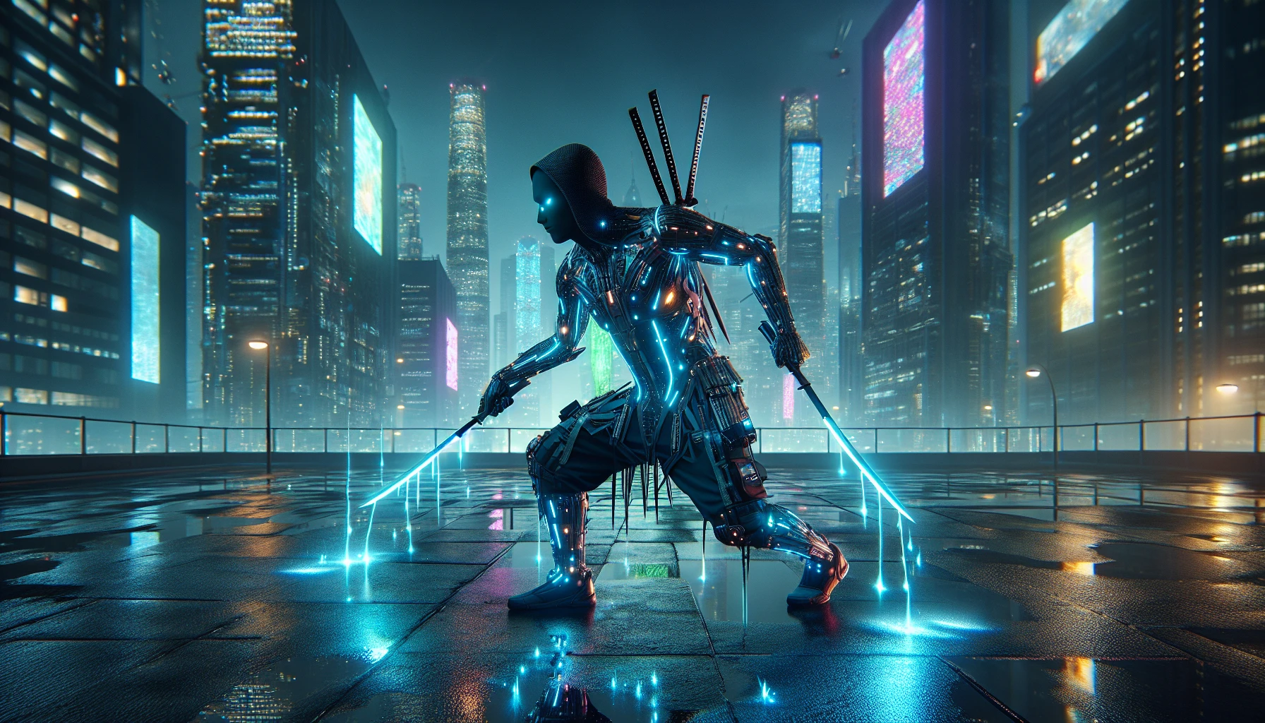 Imagine a sleek, high-tech ninja poised in a shadowy urban landscape, their body adorned with glowing neon accents and armor that blends advanced technology with traditional martial arts aesthetics. The ninja wields dual blades that radiate an ethereal light, casting reflections on the rain-slicked pavement. Behind them, a sprawling cityscape glimmers with holographic ads and distant skyscrapers, creating a striking contrast between the ancient art of stealth and the boldness of modern innovation.