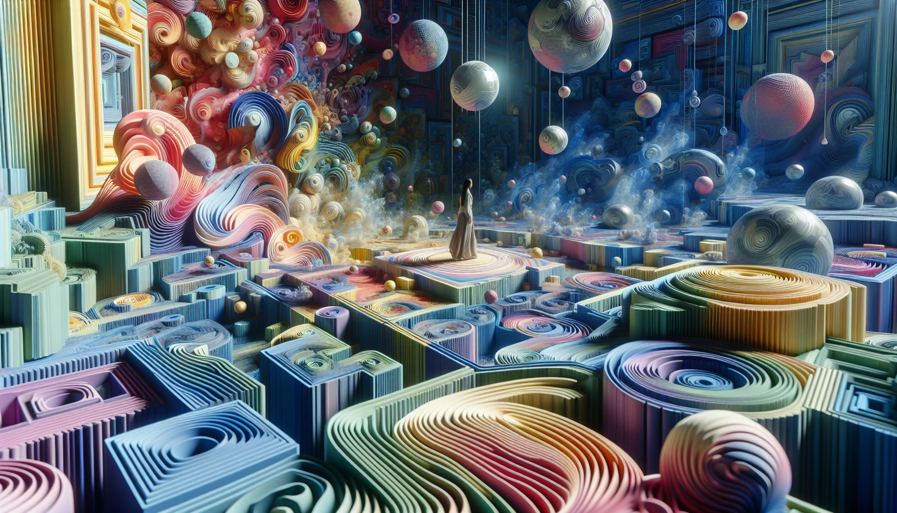 An intricate landscape unfolds, blending surreal colors and shapes that evoke a dreamlike atmosphere. Wisps of swirling pastels intertwine with sharp geometric patterns, creating a striking contrast. The scene is peppered with whimsical elements like floating orbs and fragmented reflections, all pulsating in rhythmic motion. A central figure stands amidst the chaos, embodying peace and introspection, inviting viewers to explore a world where beauty transcends meaning.