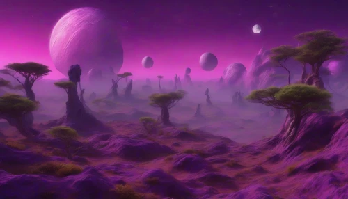 Imagine a surreal alien landscape dominated by a vibrant purple sky streaked with swirling clouds. Three distinct moons hover above, each with unique textures and hues, casting ethereal light upon the uneven terrain below. Jagged rock formations jut out, draped in luminescent vegetation that glows softly in the twilight. A distant horizon reveals hints of tall, alien trees, complete with bioluminescent flowers, creating a dreamlike atmosphere that invites exploration.