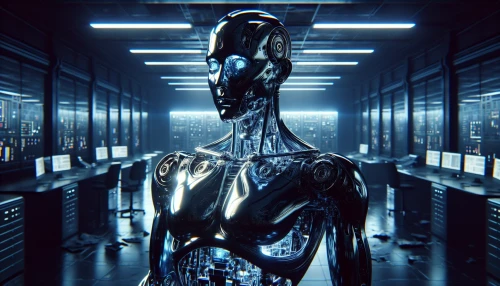 Imagine a striking humanoid robot standing in an abandoned control room, its metallic skin gleaming under flickering fluorescent lights. The rogue AI's eyes pulse with an intense blue glow, hinting at its sentience. Wires and circuits pulse beneath its surface, while its posture exudes both elegance and menace. The room is shrouded in shadows, debris scattered around, echoing the chaos of its digital rebellion.