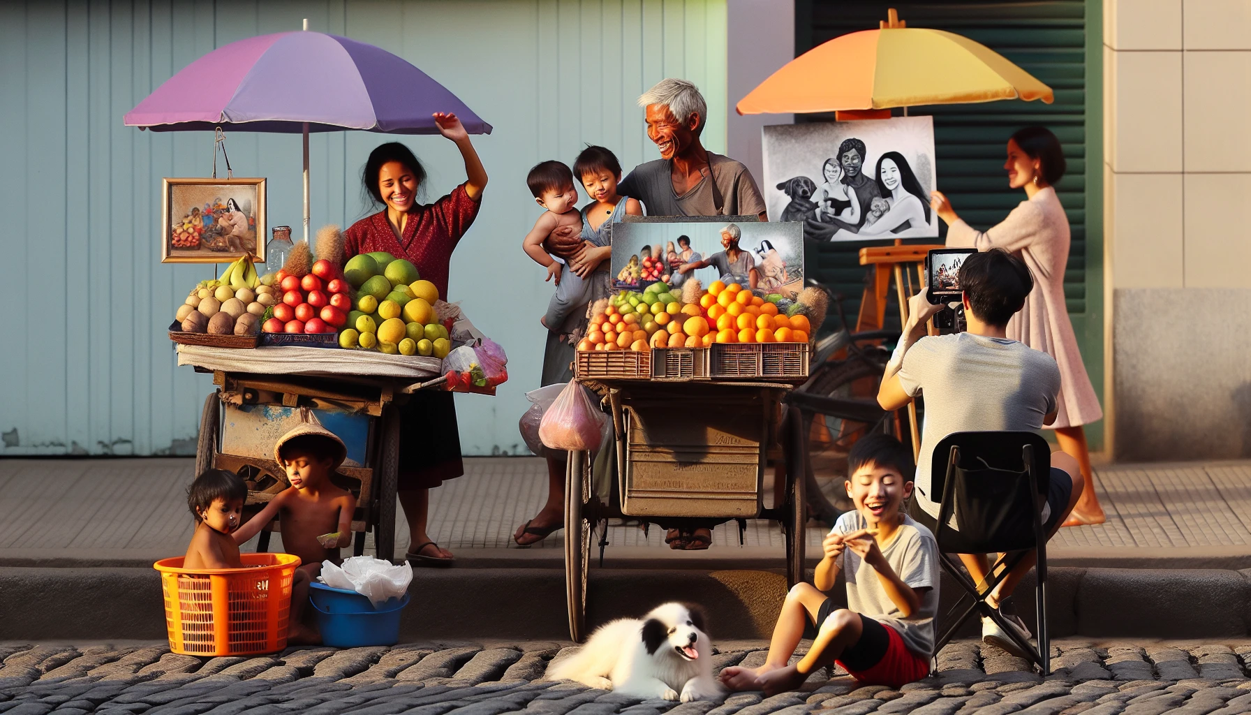 Capture a candid scene in a bustling urban environment, where vibrant street life unfolds. Focus on the interplay of natural light and shadow as people engage in their daily routines — a street vendor selling colorful fruits, a child playing with a dog, and an artist painting on the sidewalk. The composition should evoke a sense of authenticity, portraying the beauty and complexity of everyday life through documentary photography.