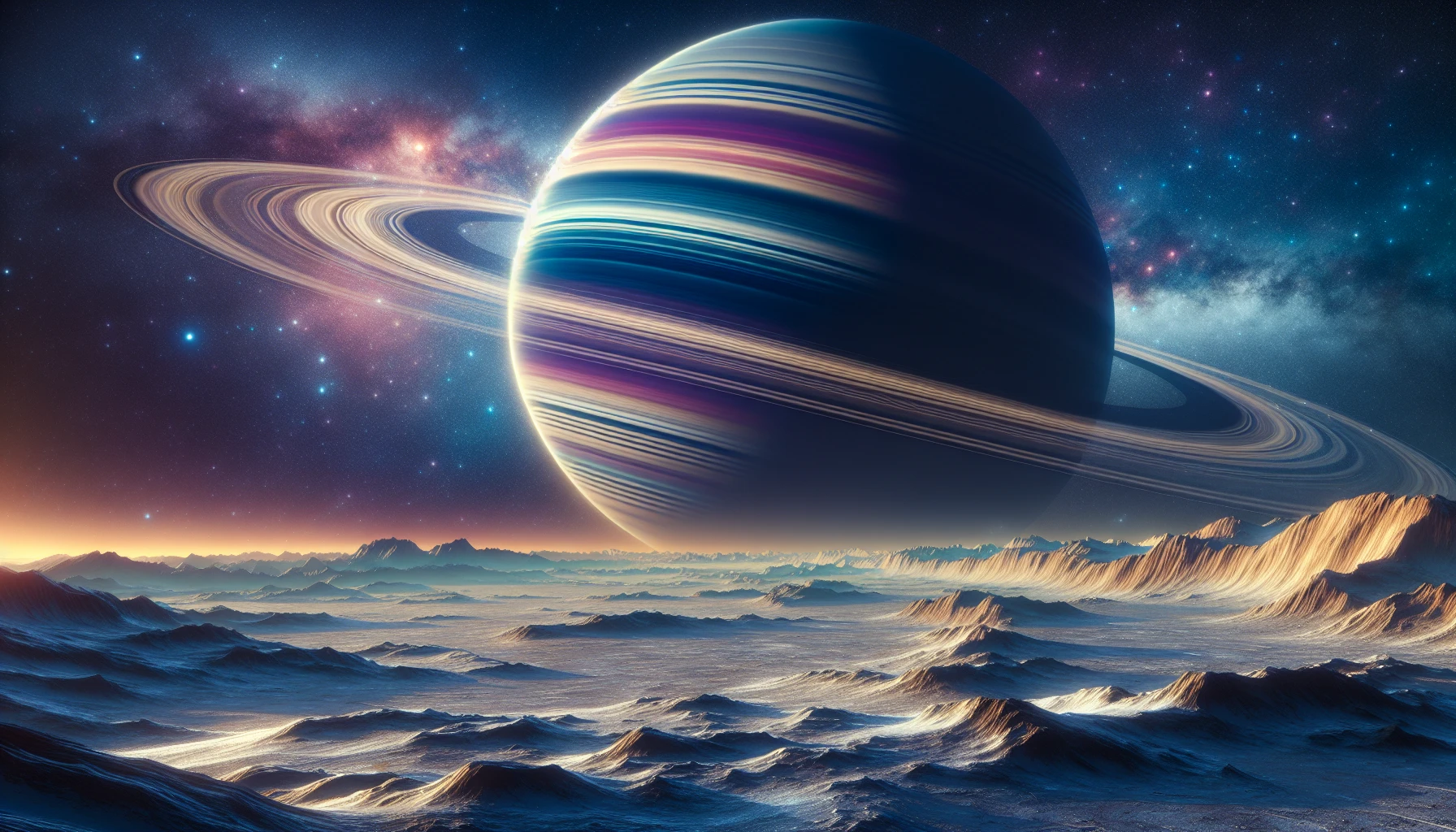 Imagine standing on the frozen surface of a desolate moon, gazing up at a magnificent ringed gas giant dominating the cosmic canvas. Its colorful bands swirl majestically, reflecting hues of blue, orange, and violet against the star-speckled void. Silvery icy plains stretch beneath you, and craggy mountains loom in the distance, contrasting with the ethereal glow of the giant planet casting shimmering shadows across the landscape.