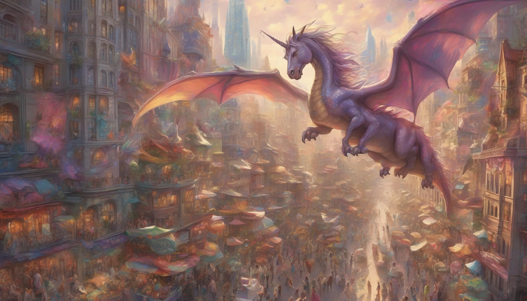 In a bustling cityscape, mythical creatures like unicorns, dragons, and fairies coexist with humans, blending seamlessly into everyday life. A dragon lounges atop a skyscraper, its scales glimmering in the sunlight, while fairies flit through the air, their wings sparkling like stardust. Street vendors sell enchanted trinkets, and a unicorn gracefully wanders a park, captivating children and adults alike. This vibrant fusion of magic and modernity creates a mesmerizing tableau of coexistence.