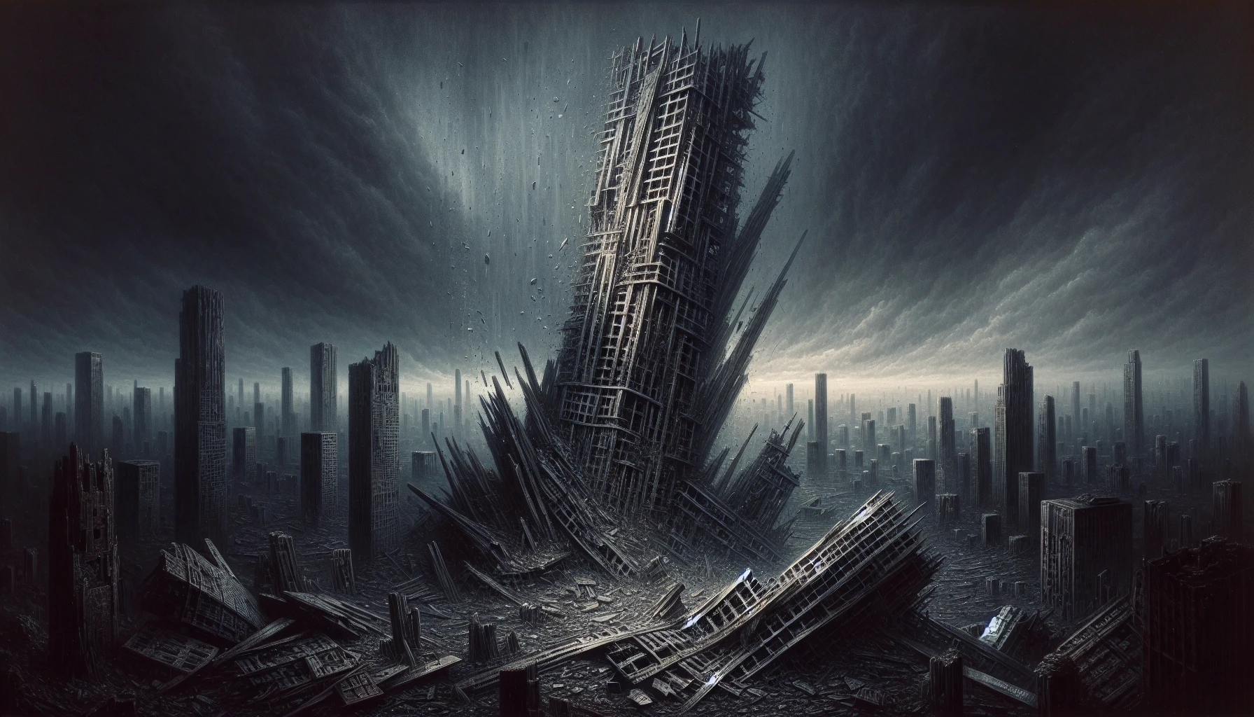 A haunting depiction of a once-proud skyscraper laying in ruins after a devastating airstrike. The jagged remains stretch towards a leaden sky, with twisted metal and shattered glass glinting ominously in the dim light. Surrounding debris forms a desolate landscape, while distant silhouettes of mourning onlookers emphasize the profound loss. The atmosphere is thick with tension and sorrow, encapsulating the haunting aftermath of conflict.