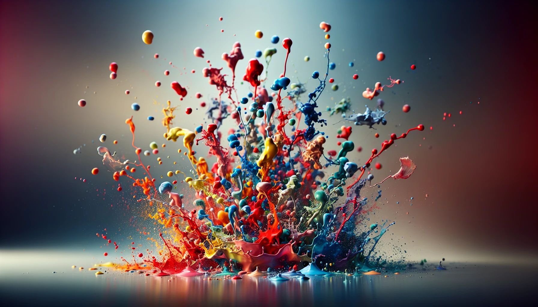 Imagine a stunning scene where vibrant splashes of paint are captured mid-air, frozen in time as they burst forth in a kaleidoscope of colors. Each droplet radiates with energy, creating an abstract masterpiece of reds, blues, yellows, and greens. The background remains a soft blur, enhancing the dynamic movement of the paint, inviting viewers to immerse themselves in this moment of explosive creativity and joyful disorder.