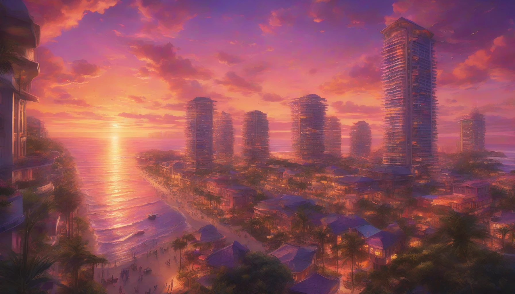 A breathtaking view of a vibrant ocean city, where sleek skyscrapers reflect the golden hues of a sunset. The sky is ablaze with oranges, pinks, and purples, casting a warm glow over shimmering waves. Flying vehicles zip through the cloud-streaked horizon, while lush greenery drapes over elegant terraces. The scene embodies a harmonious blend of advanced technology and nature, inviting the viewer into a dreamy, utopian escape.