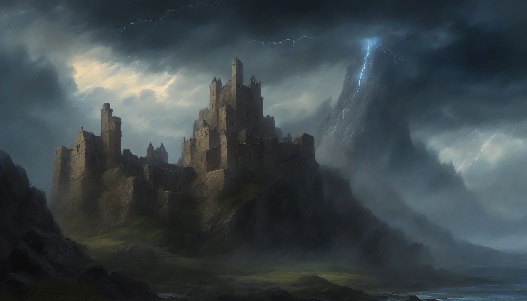 A grand, crumbling castle looms ominously against a tumultuous sky, dark clouds swirling with electric blue lightning illuminating the jagged stone walls. Rain pours down in torrents, cascading off ancient battlements, while flocks of startled ravens take flight. The eerie glow from within hints at forgotten secrets, and the howling wind carries whispers of a long-lost era, creating an atmosphere thick with mystery and foreboding.